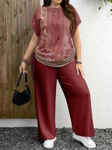 EMERY ROSE 2pcs Plus Size Casual Vintage Floral Pattern Set, Suitable For Summer - Pink - View 6