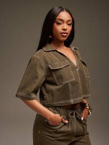 Denimoi Flap Pocket Casual Boxy Cropped Denim Top In Abstract Pattern