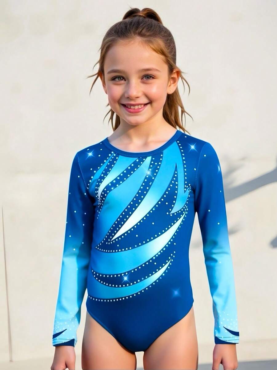 SHEIN 青少年女孩 1 件体操紧身衣,可爱长袖连体衣,舞蹈运动服,黑色弹力体操服 - 彩色 - 查看 1