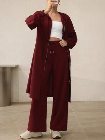 Graceveil Burgundy Loose Fit Hooded Long Sleeve Casual Versatile Zip-Up Jacket, Suitable For Autumn/Winter