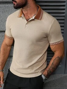 Manfinity CasualCool Camisa Polo Masculina Plus Size Casual com Botões em Cores Contrastantes e Manga Curta, Camisa Polo Listrada de Verão para Homens, Camisa Polo Masculina com Botões, Camisa Polo Creme Masculina, Camisa Polo Masculina de Manga Curta, Camisa Polo de Malha Masculina. Ideal para uso diário, viagens de fim de semana, atividades ao ar livre, expedições, ambientes de trabalho descontraídos ou ocasiões semiformal. Ótima opção de presente para namorado/marido ou aniversário de casamento. - Caqui - Ver 6