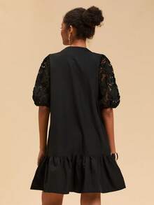 Travachic Women's Solid Color Hollow Out Short Sleeve Dress, Black Lace Dress, French Style Dress With Puff Sleeve, Christmas Party Clothes, New Year Look, Thanksgiving Outfits, Elegant Dresses Party, Luxury Evening Dresses For Weddings, Sexy Club Outfits, Black Lace Sleeve Dress, Puff Sleeve Dress