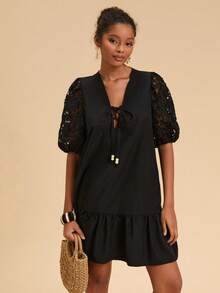 Travachic Women's Solid Color Hollow Out Short Sleeve Dress, Black Lace Dress, French Style Dress With Puff Sleeve, Christmas Party Clothes, New Year Look, Thanksgiving Outfits, Elegant Dresses Party, Luxury Evening Dresses For Weddings, Sexy Club Outfits, Black Lace Sleeve Dress, Puff Sleeve Dress