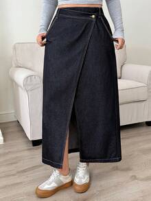 Dazy Plus 深色水洗牛仔前开衩长A字裙，秋季时尚单品 - 深色水洗藍 - 查看 6