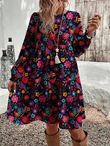 EMERY ROSE 休闲复古印花宽松圆领大码女式长袖连衣裙，适合日常通勤、嬉皮风、波西米亚风，碎花连衣裙，春夏度假必备。 - 彩色 - 查看 3