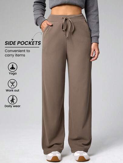 Dewbera Women's Casual Solid Color Pocket Loose Fit Sports Pants