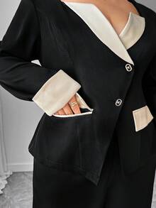 Elenzga 女士优雅长袖单排扣撞色西装外套和阔腿裤套装 - 黑色 - 查看 5