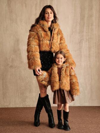 Anewsta Girls Ombre Faux Fur Jacket, Vintage Fluffy Sweater, Mother-Daughter Matching Outfits, Autumn/Winter