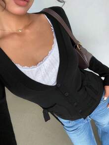 Jeanoix 女式休闲纯色纽扣薄款开衫 - 黑色 - 查看 1