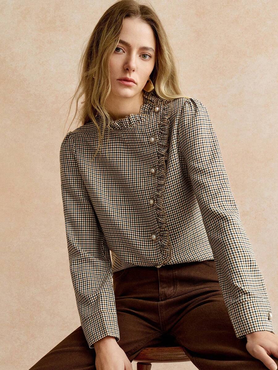 复古、优雅、百搭，适合通勤和休闲穿着，蝴蝶结长袖女士秋冬上衣，棕色优雅秋冬衬衫，时尚优雅，感恩节、新年皆宜 - 棕色 - 查看 1