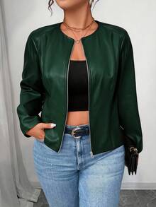 SHEIN PETITE CURVE Áo khoác da PU cổ điển đa năng cỡ lớn dành cho nữ, dòng Petite - Màu xanh lá cây đậm - Xem 5