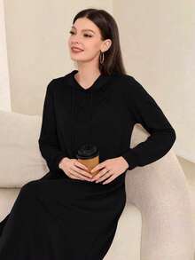 Modelyn 女式秋季简约纯色V领连帽卫衣连衣裙 - 黑色 - 查看 3