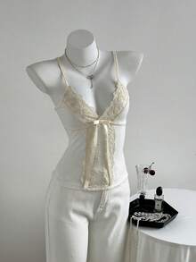 Elamini 女士休闲蕾丝拼布针织吊带背心，秋冬 - 白色 - 查看 6