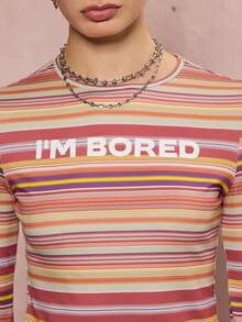 COUREZ Slogan Long Sleeve Stripe Top , Y2K Fall Winter For Women Going Out Tops Graphic T-Shirt Casual Multicolor Striped Top