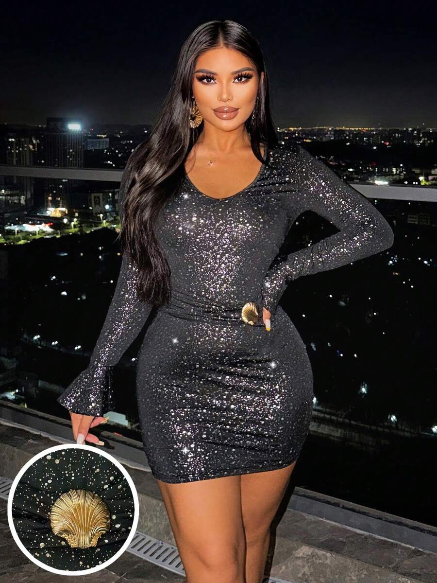 INAWLY Damen funkelndes schwarzes Pailletten Tiefer V-Ausschnitt Glockenärmel Taille Schnalle Dekor Bodycon Minikleid, geeignet für Party und Zusammenkünfte - Schwarz - Übersicht 1