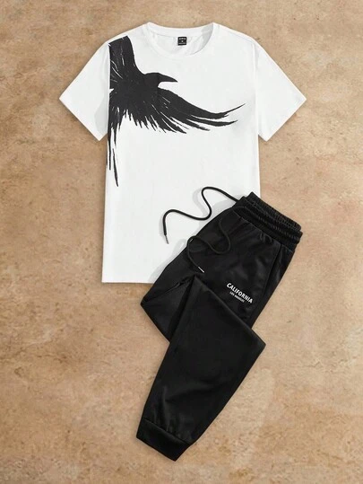 Manfinity NXTstreet Herr Bomulls Fågelgrafik Kortärmad T-shirt & Träningsbyxor med dragsko i midjan, Uteliv, Mysiga Outfits