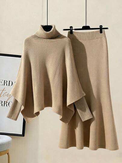 Franclia French Retro Elegant Casual Simple Versatile Chic Autumn Women's Clothing Winter Women's Clothing Casual Business Commuting Light Brown Sweater Khaki Sweater High Neck Turn-Down Collar Batwing Sleeve Shawl Style Fitted Cuffs Top Elastic Sweater Skirt Flared Hem Christmas Sweater Set Thanksgiving Outfit New Year's Clothing Sweater Set Brown Skirt Brown Top Camel Women's Sweater Two-Piece Set