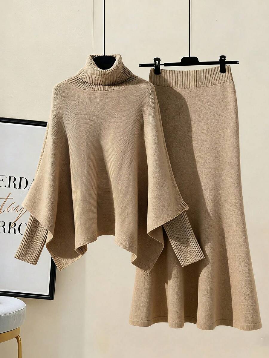 Franclia French Retro Elegant Casual Simple Versatile Chic Autumn Women's Clothing Winter Women's Clothing Casual Business Commuting Light Brown Sweater Khaki Sweater High Neck Turn-Down Collar Batwing Sleeve Shawl Style Fitted Cuffs Top Elastic Sweater Skirt Flared Hem Christmas Sweater Set Thanksgiving Outfit New Year's Clothing Sweater Set Brown Skirt Brown Top Camel Women's Sweater Two-Piece Set