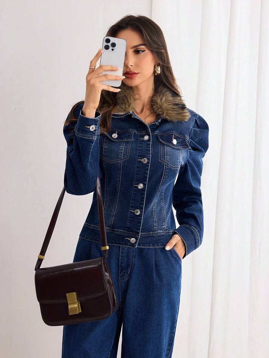 Elenzga 女式休闲水洗前扣拼布毛领牛仔夹克，秋季 - 深色水洗藍 - 查看 1