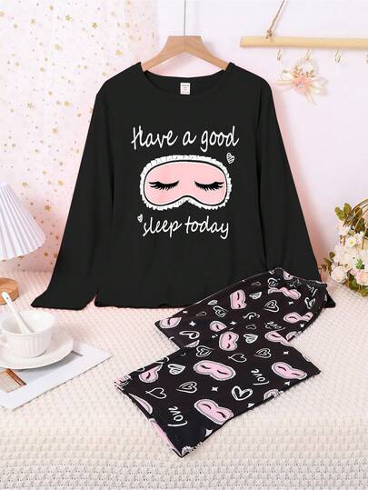 Minimalistisk fuchsiafärgad ögonfransmönstrad långärmad topp och byxor för flickor, bekväm 2-delad pyjamasset