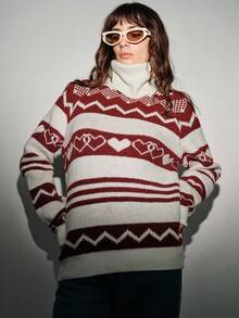 SHEIN LUNE Women's 90s Retro White And Burgundy Heart Pattern Pullover Sweater,Autumn Oversized Collar Loose Raglan Sleeve Christmas Dates Commuting Fashion - White - View 5