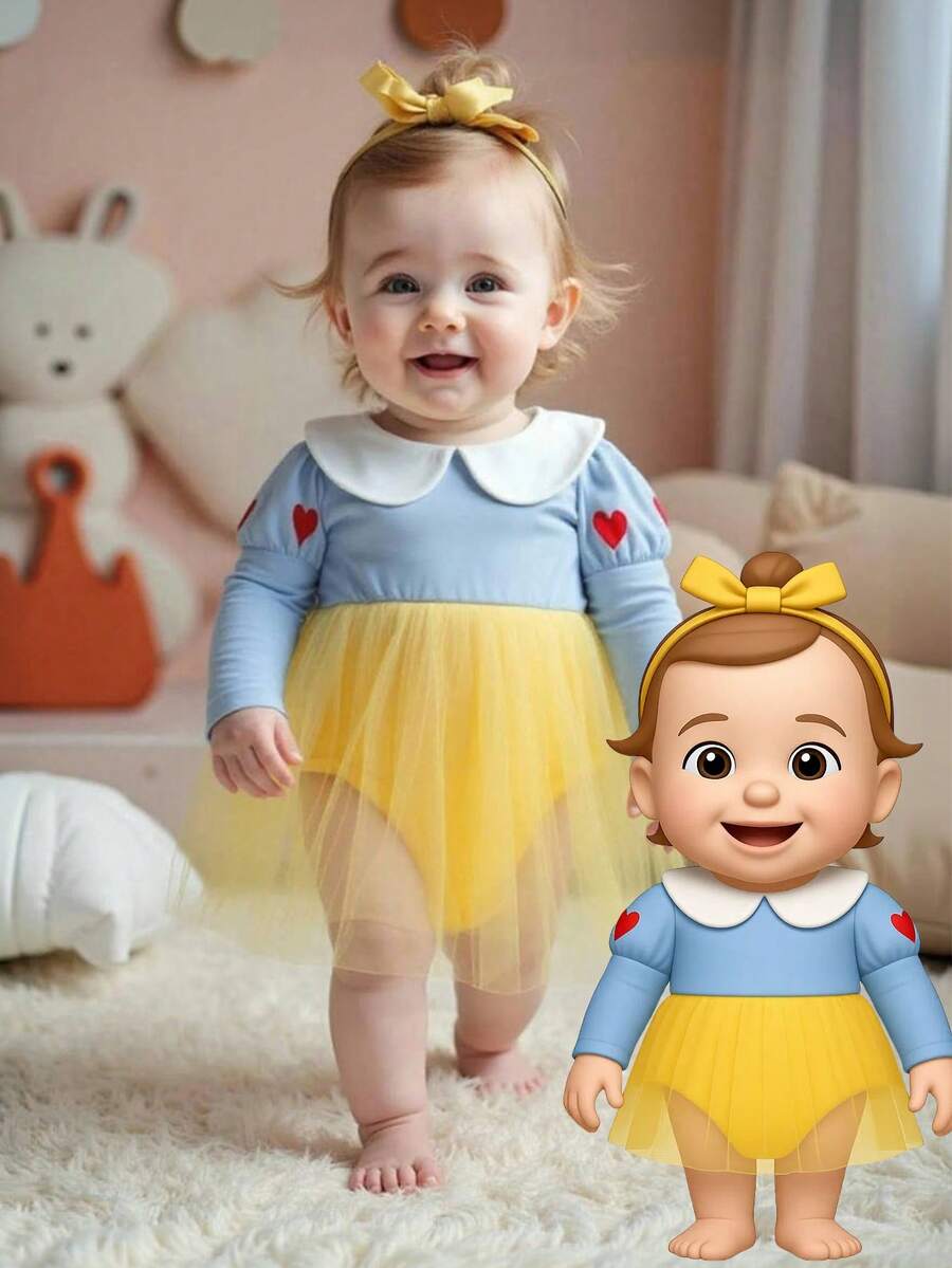 SHEIN Vestido azul para bebé niña con estampado de corazón lindo en las mangas, cuello de Peter Pan blanco, dobladillo de malla amarilla esponjosa, para uso diario