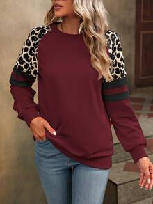 SHEIN LUNE Leopard & Striped Print Crew Neck Long Sleeve Pullover Sweatshirt - Burgundy - View 5