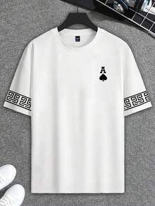 Manfinity Homme 大码男士时尚 Spade A 花卉印花短袖 T 恤，休闲 T 恤，简约百搭，是送给男朋友或家人的绝佳礼物 - 白色 - 查看 5