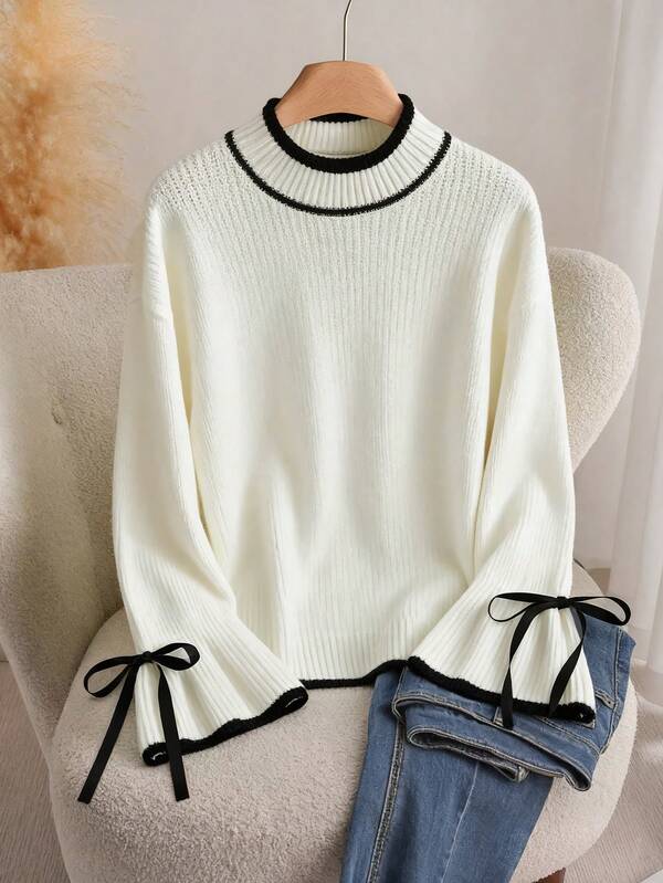 Franclia Plus Size Women Knitted Casual Pullover Sweater, Fashion Flare Sleeve Bow Decor Versatile Knitted Tops For Women Jumper For Woman Sweater For Women Pullover For Women Sweater Top