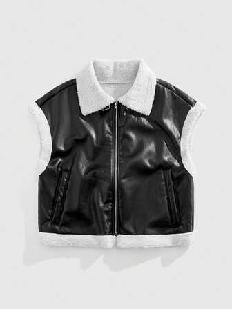 Grunge Punk Men's Contrast Trim Fleece Zip-Up Vest, Fashionable For Autumn/Winter