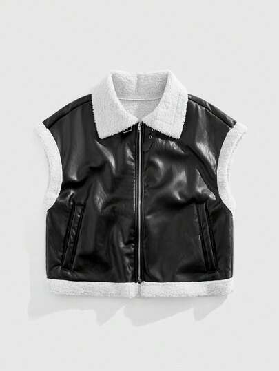 Grunge Punk Chaleco con cremallera de forro polar con ribete de contraste para hombre, de moda para otoño/invierno