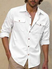 Manfinity Men's Single-Breasted Casual Loose White Plus Size Long Sleeve Shirt, Dual Pocket Design. Men's Casual Business White Shirt. Men's White Pocket Shirt. Men's White Button-Down Shirt. Casual Shirt With Two Pockets. Long Sleeve Style, Suitable For Men. Casual Outings, Business Commute, Can Be Worn Alone Or As A Layer, Boyfriend/Husband Gift, Anniversary Gift, Autumn Casual Shirt With Two Pockets Long Sleeve For Men - White - View 1