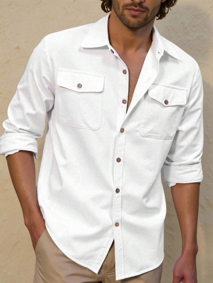 Manfinity Men's Single-Breasted Casual Loose White Plus Size Long Sleeve Shirt, Dual Pocket Design. Men's Casual Business White Shirt. Men's White Pocket Shirt. Men's White Button-Down Shirt. Casual Shirt With Two Pockets. Long Sleeve Style, Suitable For Men. Casual Outings, Business Commute, Can Be Worn Alone Or As A Layer, Boyfriend/Husband Gift, Anniversary Gift, Autumn Casual Shirt With Two Pockets Long Sleeve For Men - White - View 1