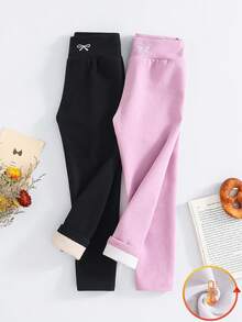 Genkimix Kids 2 件女童蝴蝶结刺绣打底裤，天鹅绒衬里，适合秋冬季日常休闲穿着 - 彩色 - 查看 3