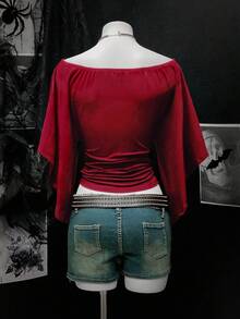EgrlEra Áo thun trễ vai tay cánh dơi thời trang, thắt eo gợi cảm phong cách retro cho nữ - Đỏ - Xem 2