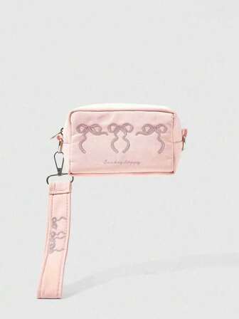Kawaii Borsa da trucco portatile e maneggevole da donna, di colore rosa, con fiocco e ricamo a macchina fotografica