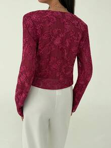 Aloruh Burgundy Sexy Sheer Long Sleeve Tie-Up Fitted Textured Sequin Fuzzy Women Top, Autumn/Winter - Burgundy - View 3