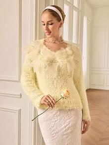 Aveloria Rosie Francuski, żółty, miękki i puszysty, elegancki sweter z okrągłym dekoltem i bogato zdobionymi kwiatami - Żółty - Zobacz 5