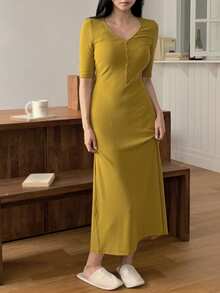 DAZY 女士简约针织修身长裙家居服 - 橄欖綠 - 查看 3