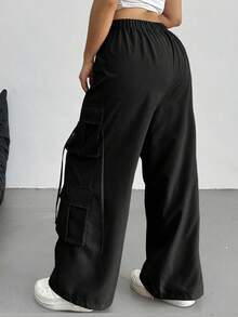 SHEIN Tall CURVE Plus Size Solid Color Casual Pants - Black - View 2