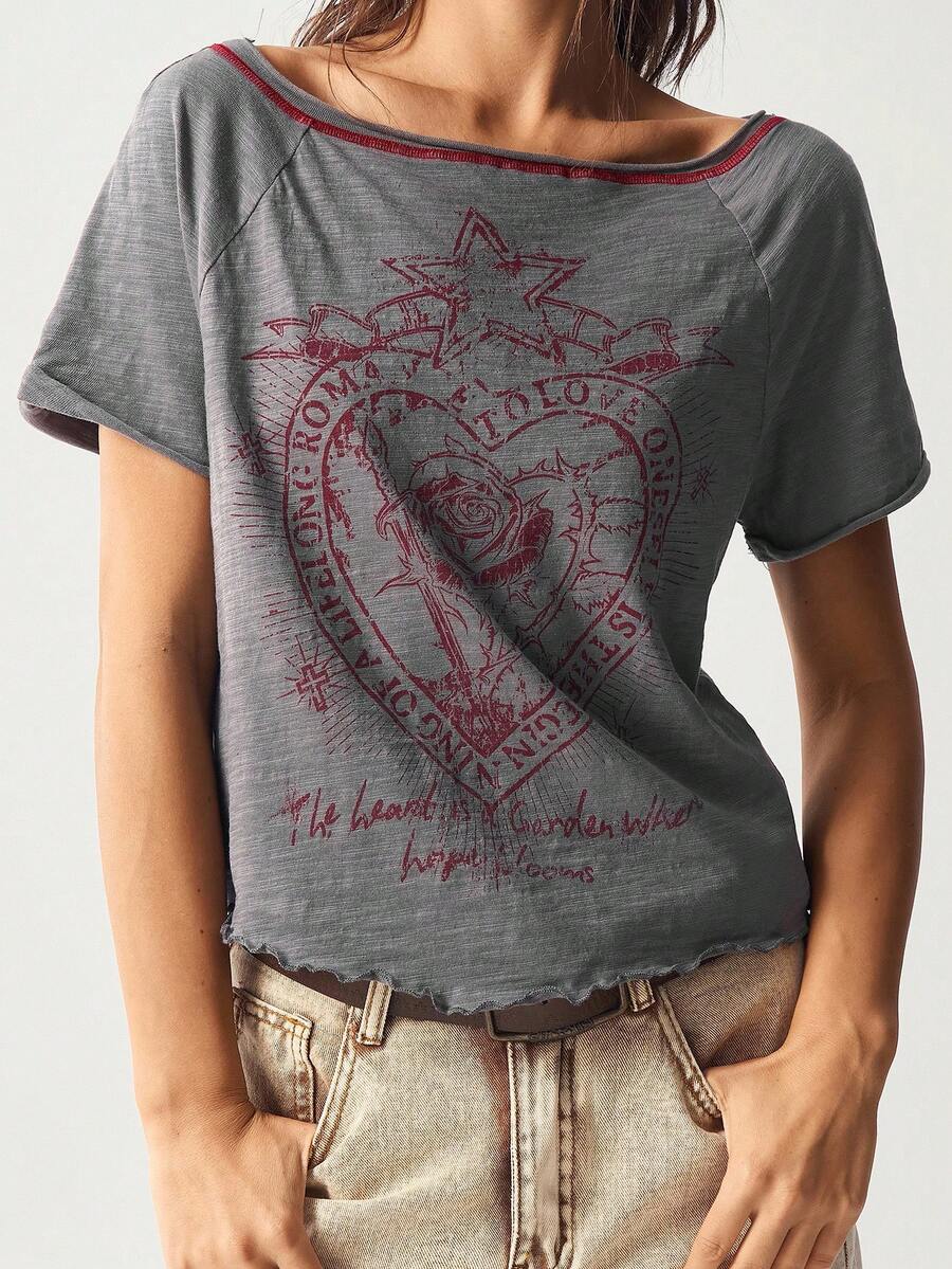 Bohemela Solid Color Knit Crew Neck Short Sleeve Fitted Washed Women T-Shirt - Dark Grey - View 1