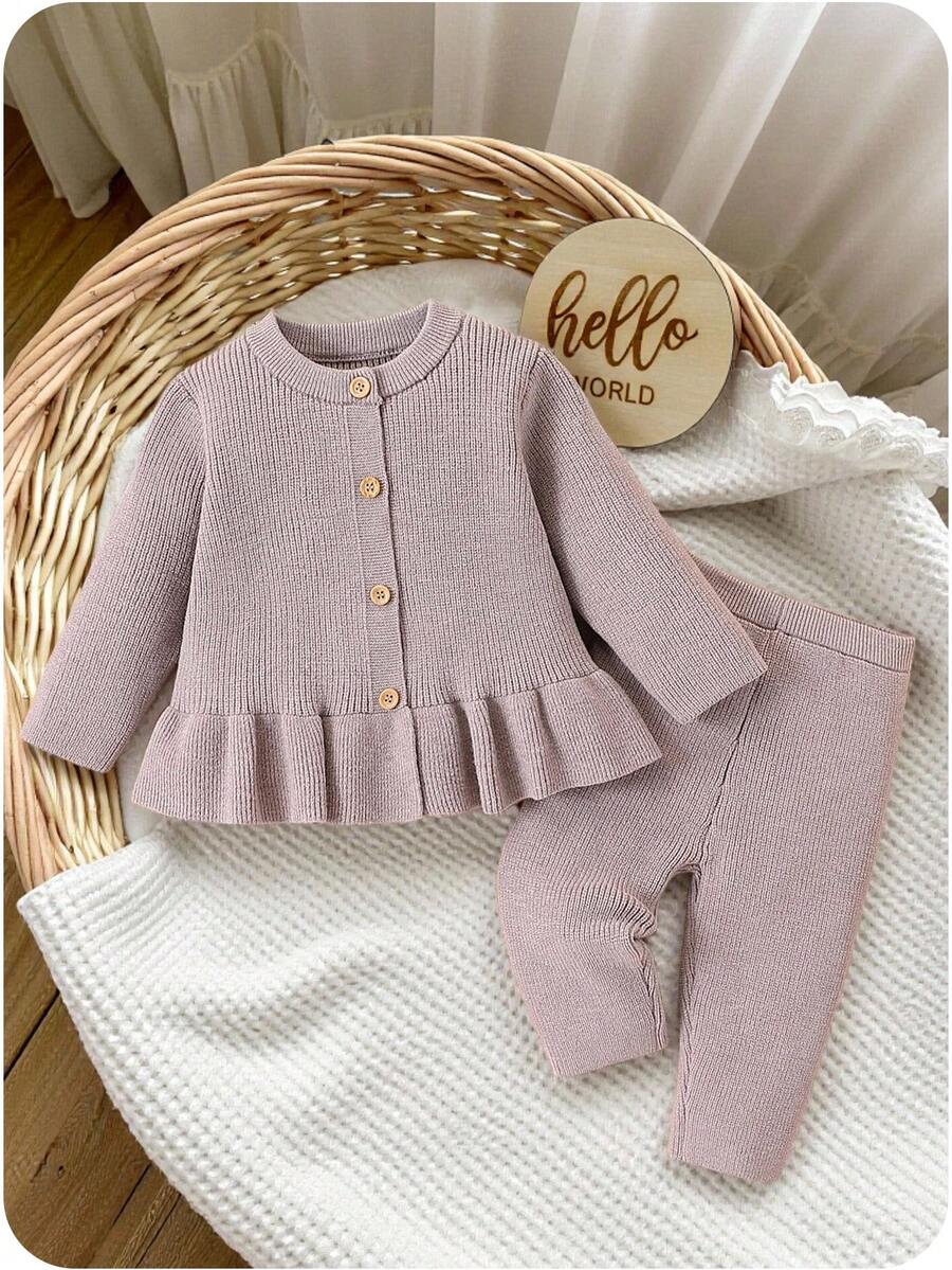 SHEIN Vintaside Kids Baby Girls Floral Lace Trim Cardigan Sweater & Knit Pants 2-Piece Set, Fashion Cute Outfit, Soft & Comfortable, Suitable For Spring, Autumn, Winter, Daily Wear, Outings, Travel, Vacation, Home, Daycare, Baby Girl Play Autumn And Winter Two Pieces Suit Cozy Pixies Baby Girl Set Baby Girl Knitted Outfits Baby Girl Warm Sets Light Purple Outfits For Babies