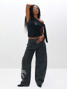 单肩铆钉上衣，系带细节，露肩不对称领口，派对俱乐部晚会 - 黑色 - 查看 2