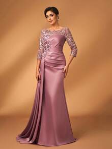 Serin 优雅奢华的亮片蕾丝拼接弹力缎面褶皱侧开衩鱼尾连衣裙，配以薄纱袖子，适合婚礼、派对、度假、舞会、新娘母亲晚礼服、情人节等场合。 - 藕粉色 - 查看 8