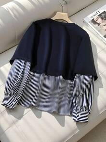 Everyssa Striped Patchwork Round Neck Floral Print Pocket Casual Women Sweatshirt Pullover Fall - Navy Blue - View 2