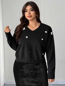 Dazy Plus Plus Size Women Sequin Bow V-Neck Loose Cropped Casual Christmas Sweater, Autumn/Winter - Black - View 3