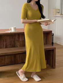 DAZY 女士简约针织修身长裙家居服 - 橄欖綠 - 查看 8