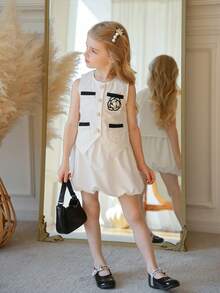 Girls Contrast Color Splicing Pocket Floral Waistcoat Cardigan Top And Ruffle Floral Skirt Set, Summer - White - View 3