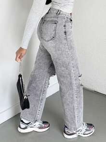 Alexandranx High-Waisted Ripped Loose Y2K Autumn And Winter Warm Jeans Thermal Denim - Light Grey - View 3