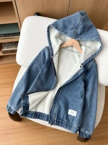 SHEIN Tween Jungen Mode Lässig Y2k Vintage Cool Straße Rückkehr zur Schule College Basic Label Einfach und Bequem Blau Denim Fleece Kapuzen Langarm Jacke für Kinderbekleidung Tween Jungen Kostüm Alltagskleidung und Kinder Sommer und Herbst Rave Outfits Festival und Strand Outfits Streetwear Schulkleidung